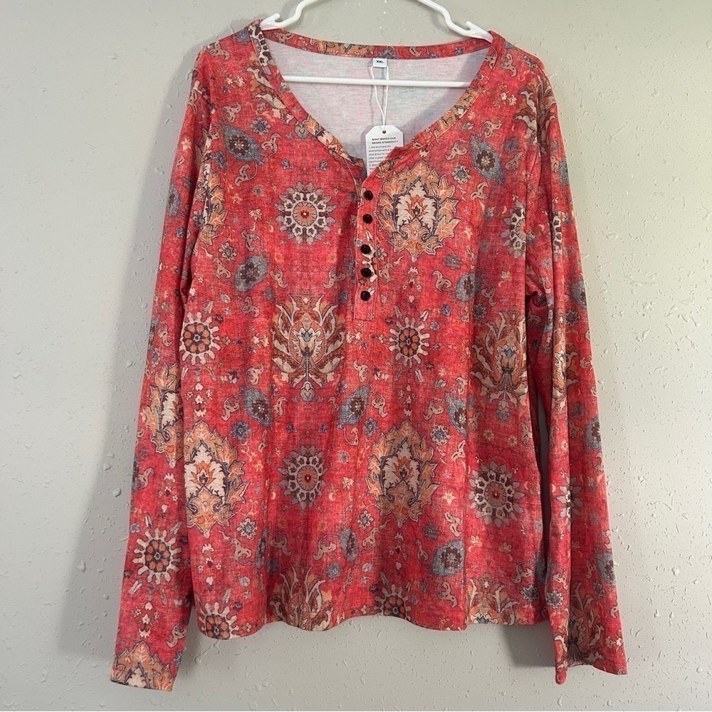 🦋 Red Orange Yellow Henley Long Sleeve Printed Blouse XL NWT